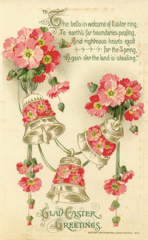 Victorian Easter Greeting Card with Pink Flowers and Bells