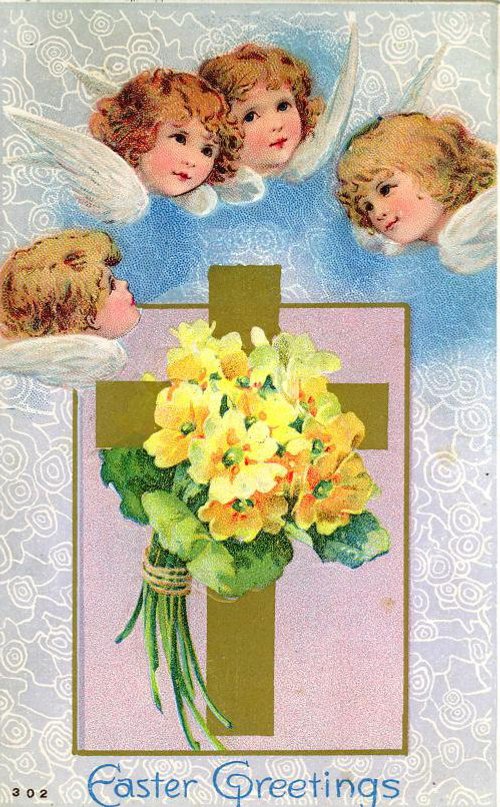 Vintage Easter Greetings Card with Angels & Yellow Flowers Cross