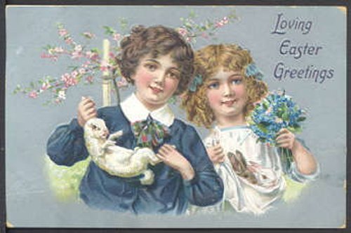 Vintage Easter Greetings Card Victorian Children Floral