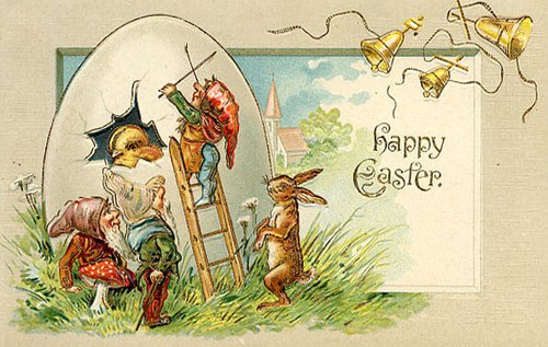 Victorian Easter Greeting Card with Gnomes & Rabbit