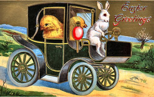 Vintage Easter Greeting Card: Rabbit Driving Automobile with Chicks