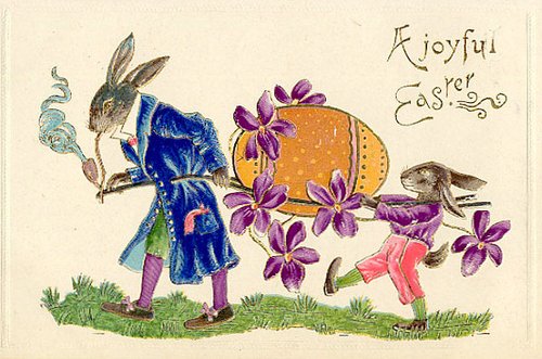 Victorian Easter Greeting Card with Anthropomorphic Rabbits