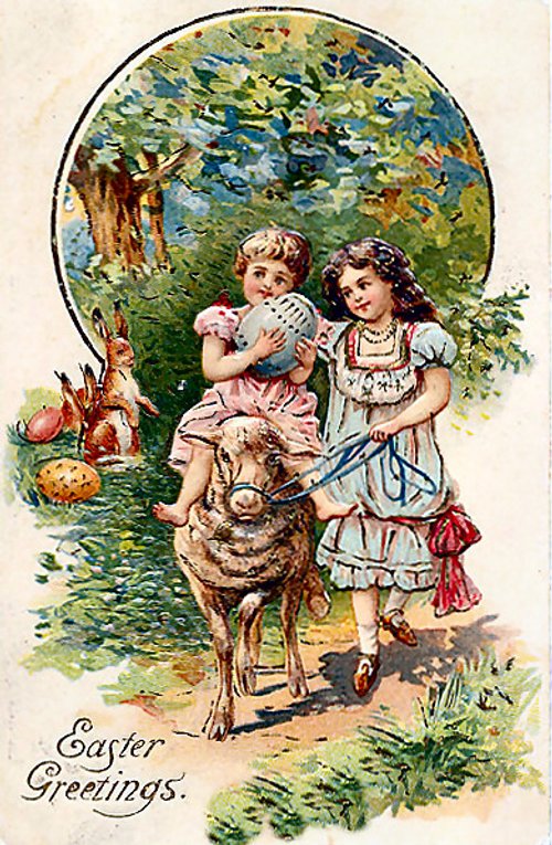 Victorian Easter Greetings Card with Children & Goat