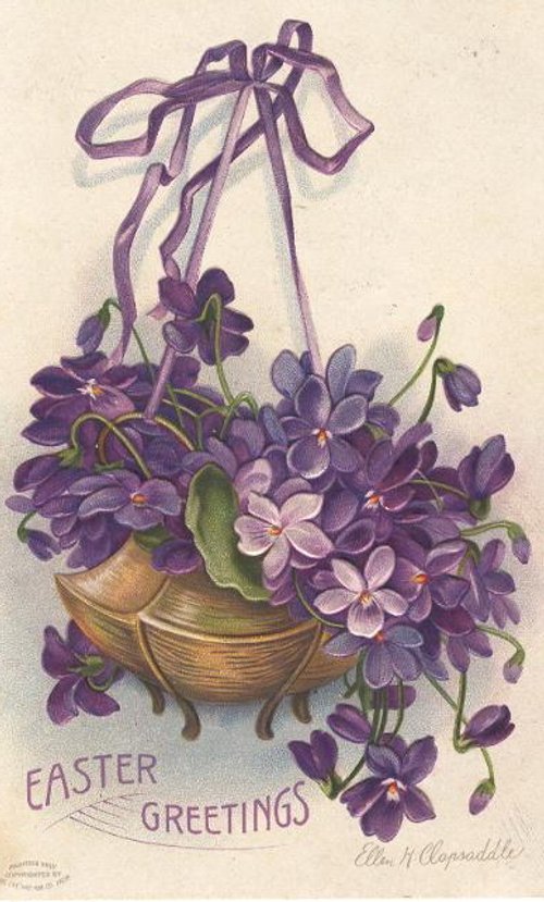 Easter Greetings Violet Basket Vintage Card - Victorian Floral