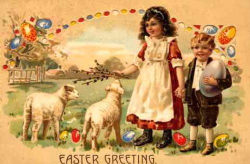 Victorian Easter Greeting Card with Children and Lambs
