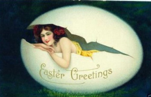 Victorian Easter Greeting Card with Art Nouveau Woman in Egg