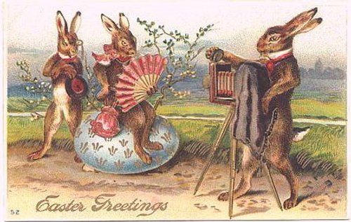 Victorian Easter Greeting Card with Anthropomorphic Rabbits