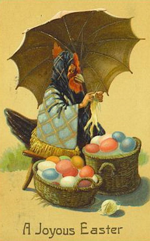 Vintage Easter Greeting Card with Anthropomorphic Hen & Baskets