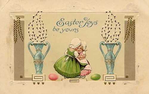 Victorian Easter Joy Greeting Card with Pussy Willows & Urns