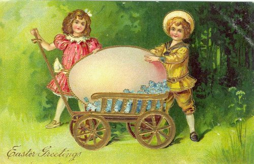 Victorian Easter Greetings Card with Children & Giant Egg