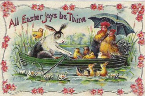 Victorian Easter Greeting Card with Rabbit, Chicks, Hen & Boat
