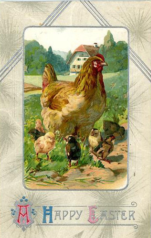 Victorian Easter Greeting Card with Hen and Chicks