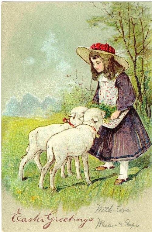 Victorian Easter Greeting Card with Girl and Lambs