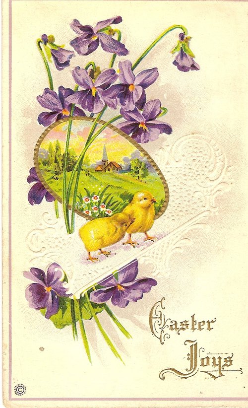 Victorian Easter Greeting Card with Purple Violets & Chicks