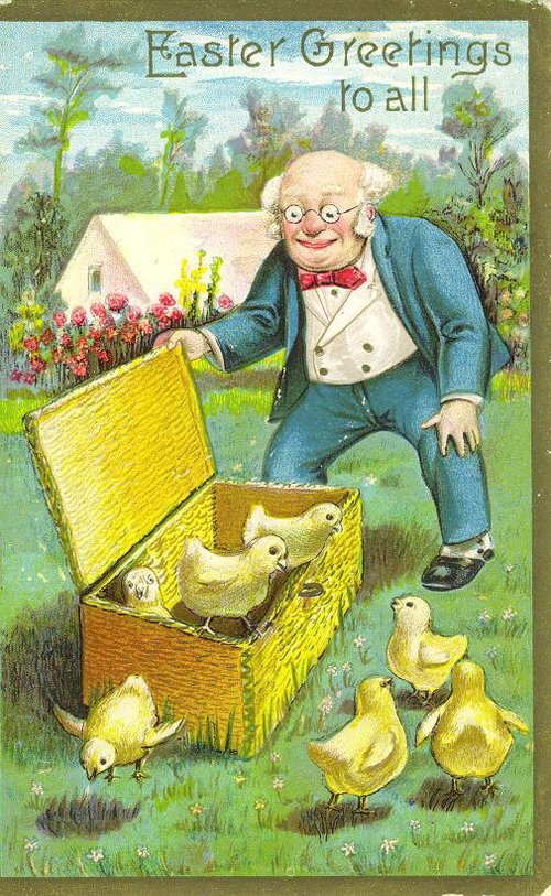 Victorian Easter Greetings Card with Cheerful Man & Yellow Chicks