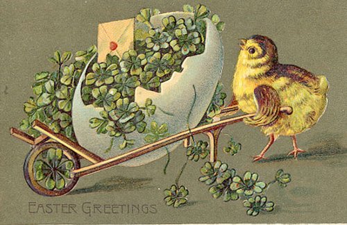 Victorian Easter Greeting Card with Chick & Wheelbarrow