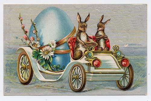 Victorian Easter Rabbits in Ornate Egg Car - Vintage Greeting Card