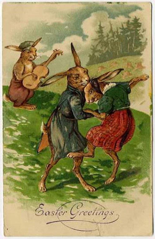 Victorian Easter Greeting Card with Anthropomorphic Rabbits Dancing and Playing Music