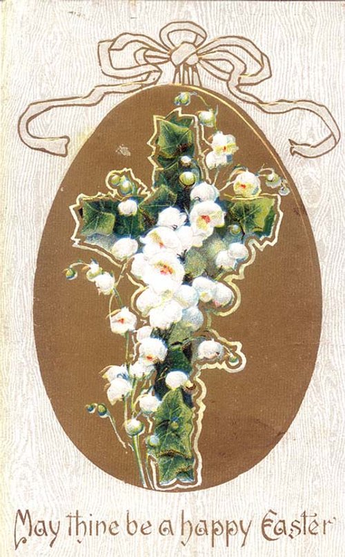 Victorian Easter Greeting Card with White Flowers Egg Shape Design
