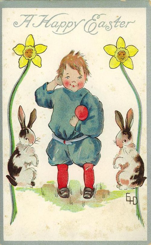 Vintage Easter Greeting Card Child Rabbits Daffodils Early 1900s