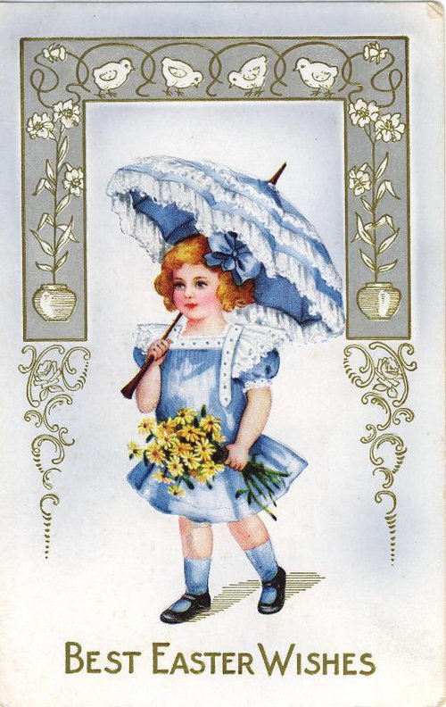 Vintage Easter Greeting Card Girl with Parasol 1900s