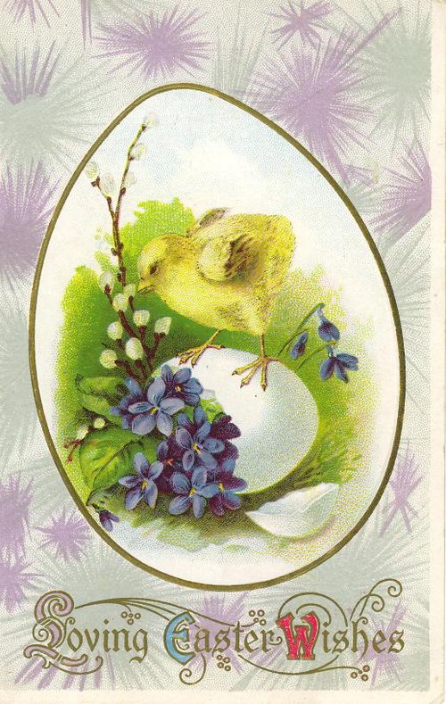 Victorian Easter Greeting Card with Yellow Chick and Purple Violets