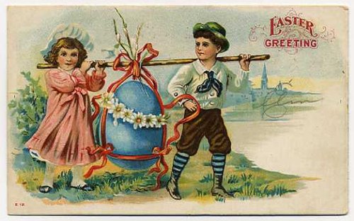 Edwardian Easter Greeting Card: Children with Giant Egg