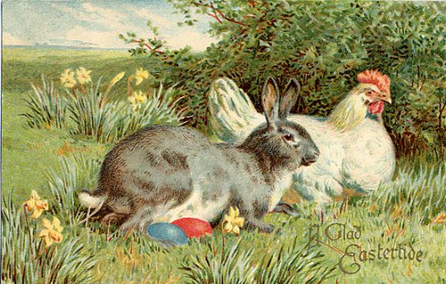 Victorian Easter Greeting Card with Rabbit and Hen