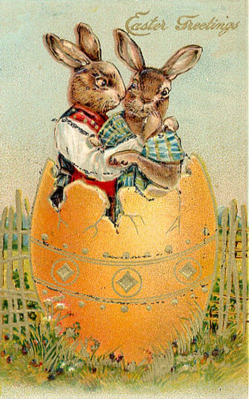 Vintage Easter Greeting Card with Anthropomorphic Rabbits in Giant Egg
