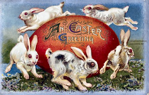 Vintage Easter Greeting Card with White Rabbits & Red Egg