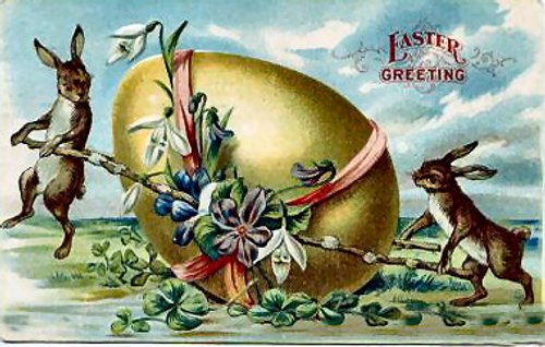 Victorian Easter Greeting Card with Anthropomorphic Rabbits & Giant Egg