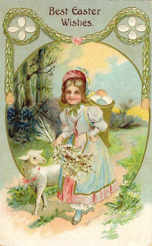 Victorian Easter Greeting Card: Girl with Lamb & Eggs