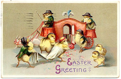 Victorian Easter Greeting Card with Chicks and Caravan