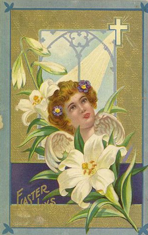 Easter Greeting Card Angel Girl White Lilies Cross Vintage