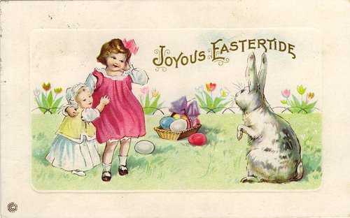 Victorian Easter Greeting Card with Children and Giant Rabbit