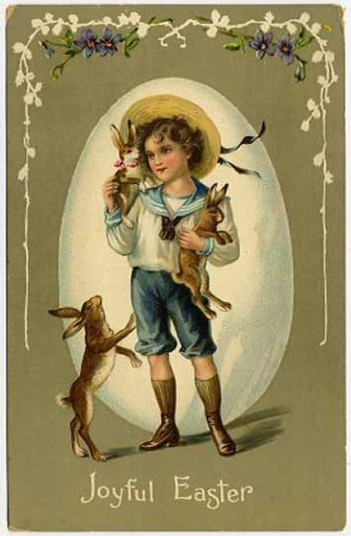Victorian Easter Greeting Card: Boy with Bunnies