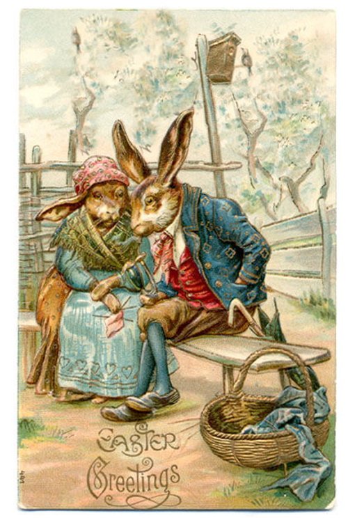 Victorian Easter Greetings Anthropomorphic Rabbits Dressed Vintage Card