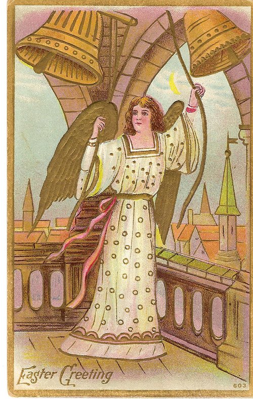 Vintage Easter Angel Greeting Card with Gold Bells & Church