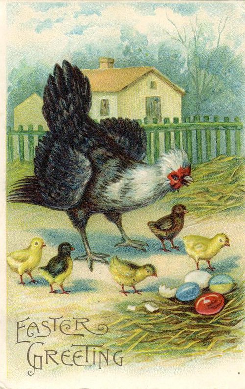 Vintage Easter Greeting Card with Rooster and Chicks, Victorian Era