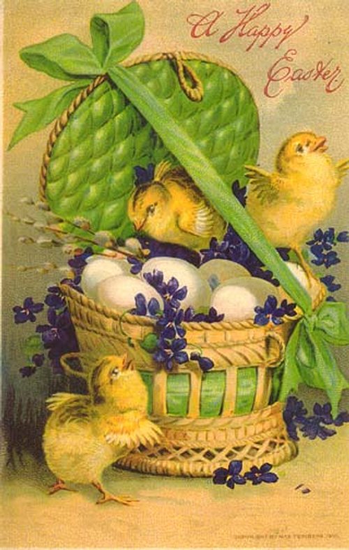 Victorian Easter Greeting Card with Yellow Chicks and Basket