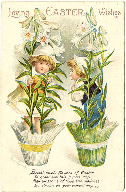 Victorian Easter Greeting Card with Children & Lily Flowers