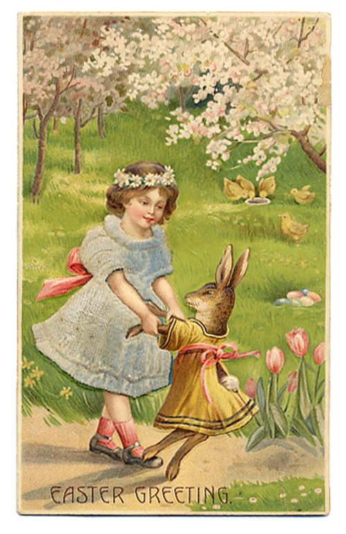 Victorian Easter Greeting Card: Girl & Dressed Rabbit