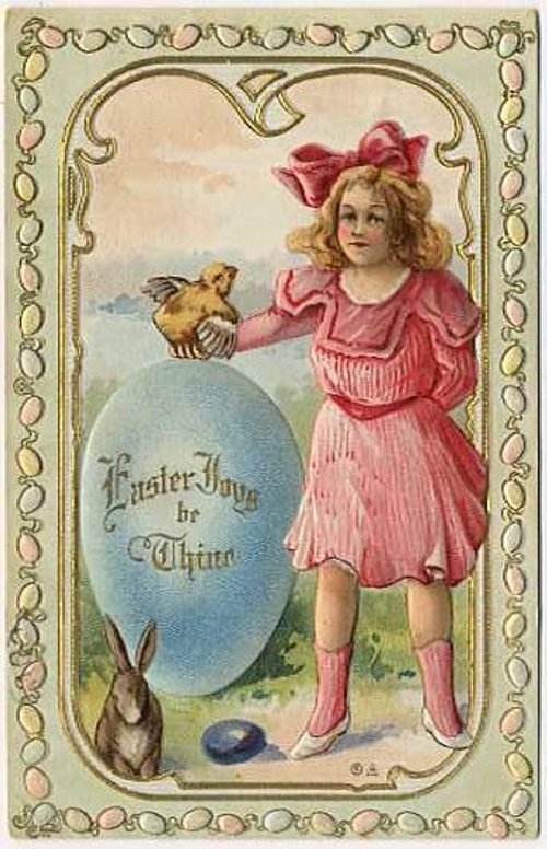 Victorian Easter Greeting Card with Girl and Rabbit