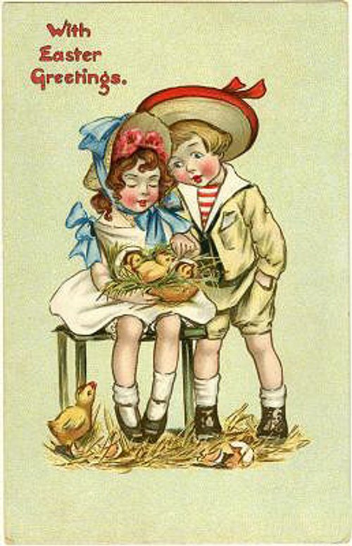 Vintage Easter Greeting Card with Children & Baskets, Edwardian Era