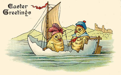 Vintage Easter Greeting Card with Anthropomorphic Chicks Sailing