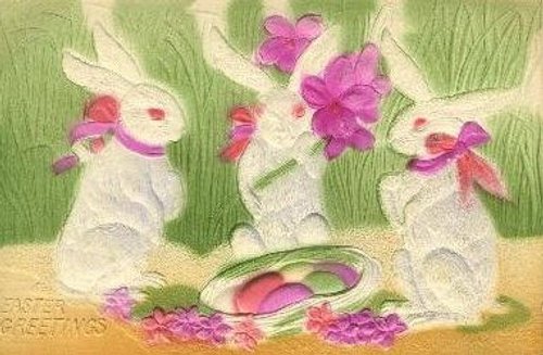 Victorian Easter Rabbits with Magenta Flowers Vintage Greeting Card