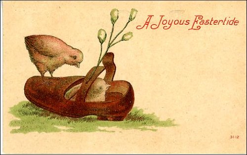 Vintage Easter Greeting Card Chicks Shoe Pussy Willow Victorian