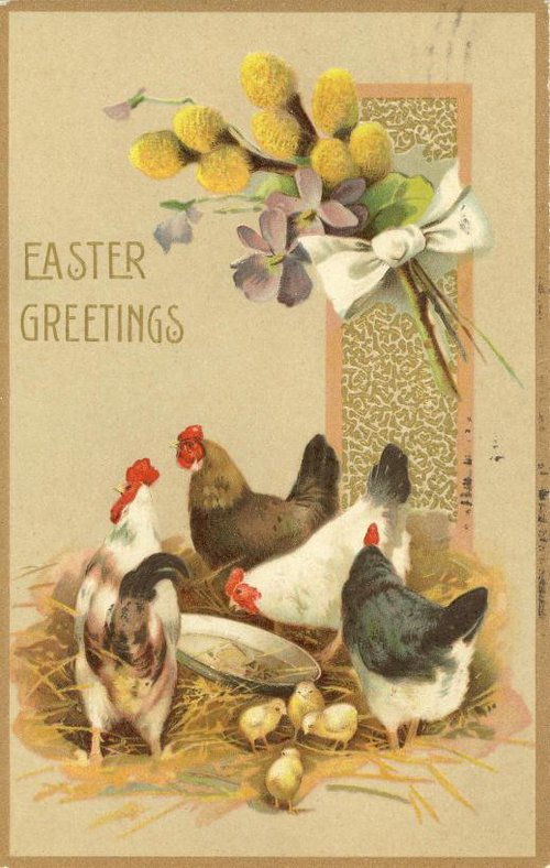 Victorian Easter Greetings Card with Chickens & Spring Flowers