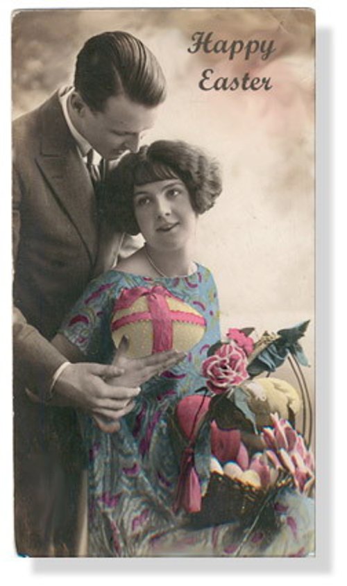 Vintage Easter Greeting Card Couple with Flowers, Early 1900s
