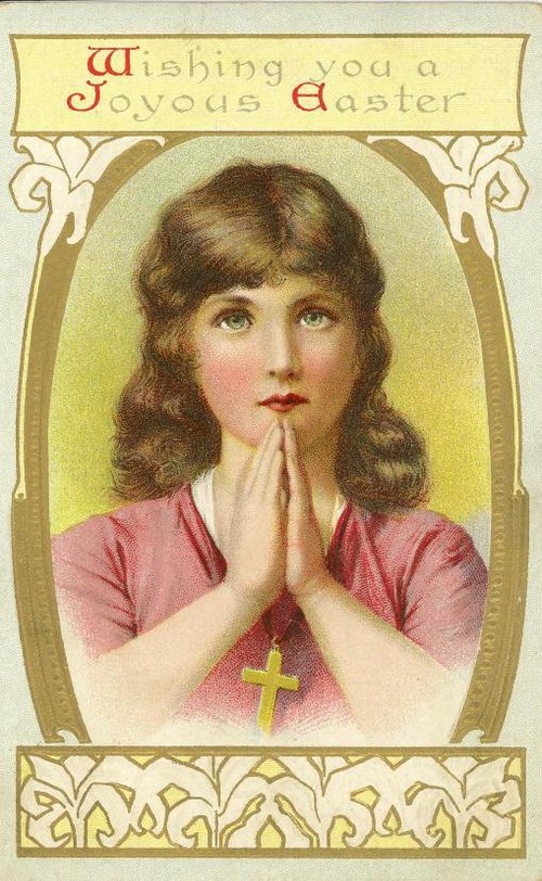 Vintage Easter Prayer Card, Young Woman in Pink with Cross